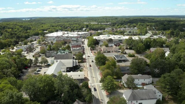 Aerial Fly Over Drone Footage, Freeport Downtown, Maine, USA