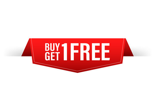 Buy 1 get 1 free. Red Label. Red Web Ribbon. Vector stock illustration.