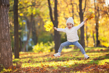 Happy girl playing yellow leaves in the autumn park. Beauty nature scene with family outdoor...