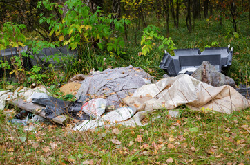Garbage in the forest. Ecological problem. Plastic, glass, cans.