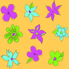 Fototapeta na wymiar Seamless vector illustration with abstract blue, green and pink flowers. Elegant template for fashion prints. Delicate floral pattern on a orahge background. 