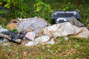 Garbage in the forest. Ecological problem. Plastic, glass, cans.