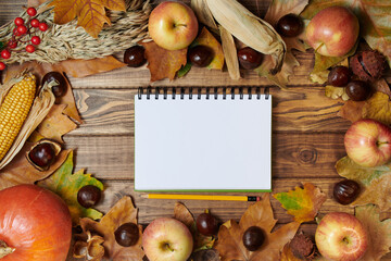 autumn background on wooden planks