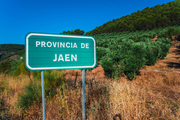 Obraz premium Road sign with the name of the region of Jaen, Spain.