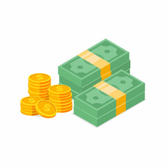 Stack of cash icon. Isometric view flat bundle of money and god coins vector illustration. 