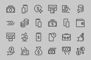 BUSINESS and FINANCE Thin Line Icon Set, contains icons such as Coins, Currency Exchange, Card Payment, Terminal and much more, Editable Line, Vector Illustration
