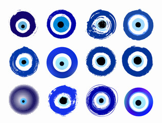 Mega set of grunge hand drawn Turkish evil eye. Mandala greek evil eye. Symbol of protection in Greece, Cyprus. Amulet from evil eye. Vector blue Turkish fatima's eye. Magic item, attribute.