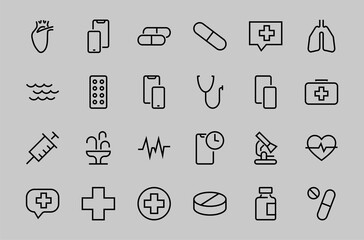 A simple set of medicine ICONS, contains medicine icons, pills, related vector line icons. thin lines, pain, syringe, lungs, microscope, cardiogram, virus and much more. Editable stroke.