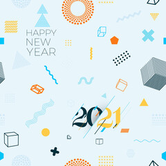 Fototapeta na wymiar Seamless Memphis pattern. 2021 Happy New Year logo text design. Vintage geometric print element. Retro funky graphic. Repeat banner template. Vector minimalist backdrop. Isolated on white background.