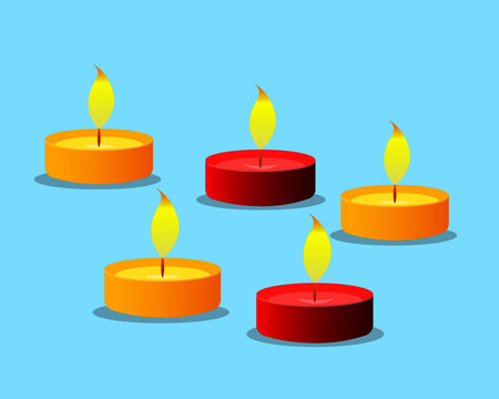 vector set of burning small candles isolated on blue background
