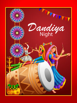 vector illustration of people performing Garba dance on poster banner design for Dandiya Night