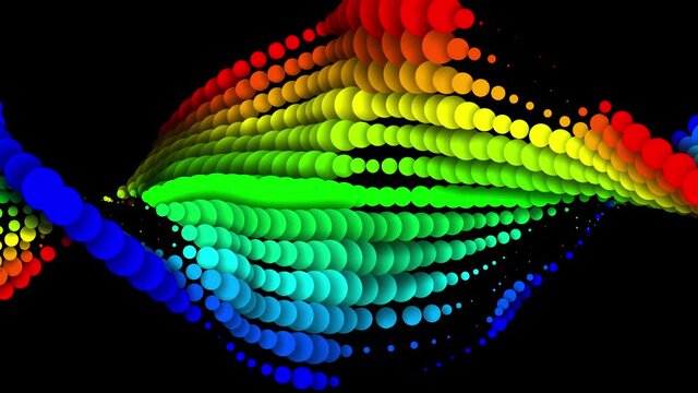Circles decrease and increase in waves. 4k looped seamless abstract background. Gradient rainbow color on particles like paint bubbles or dye droplets in water in flat style. Luma matte 11