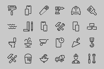 Set of construction icons, simple vector lines, contains the following icons: builder, roller, hammer with wrench, toilet bowl and much more. Editable stroke. 48x48 pixels perfect, white background