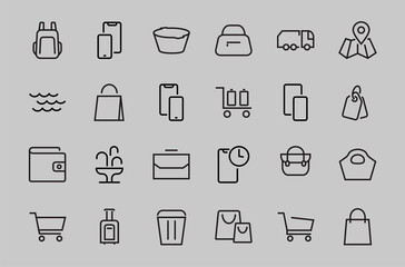 Simple set of bags, shopping and travel icons. Vector illustration Contains icons such as Card, wallet, shopping basket, discount, bowl, package. On a white background, editable stroke