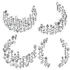 Set of four decorative semicircular frames of doodle flowers, floral wreath of contour plants, vector outline illustration for design and creativity