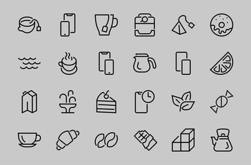 COFFEE and TEA LINEAR ICONS SET, contains Icons of tea, tea bag, Coffee machine, cake, sugar, teapot, cup, milk, cream, Lemon, chocolate bar, LINEAR ICONS Editable stroke