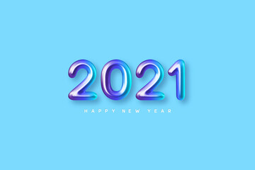 2021 New Year sign. 3d metallic colorful numbers on blue background. Glossy realistic 2021. Vector illustration.