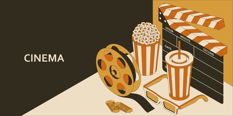 Cinema isometric concept with popcorn, drink, clapperboard, 3d glasses and filmstrip. Vector illustration