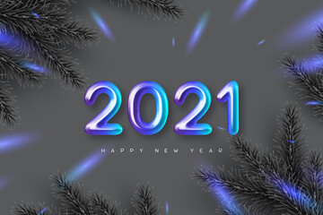 2021 Happy New Year banner. Hand writing 3d metallic numbers 2021 with pine branches. Monochrome background with blue contrast. Vector illustration.