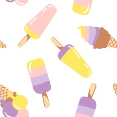 Popsicle ice cream pattern. Colorful seamless sweet summer pattern with hand drawn different ice creams 