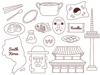 Set of doodles korea element design. Traditional culture, food, historical building. Set of doodles korea element design. Traditional culture, food, historical building. doodle set vector illustration