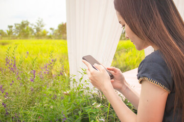 Young woman sitting using mobile phone with rice field in farm and flowers. Relax on vacation concept. Holiday with natural.