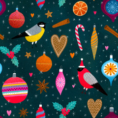 Seamless pattern with Christmas decorations and birds.