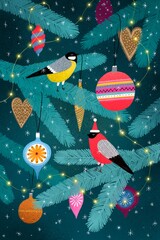 Illistration with Christmas decorations and cute birds.