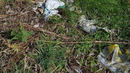 grass on the ground. Garbage dump in the environment to nature. Forest ecology pollution