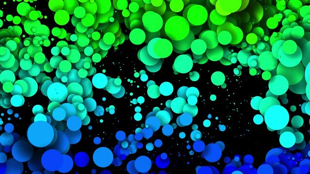 Circles decrease and increase in waves. 4k looped seamless abstract background. Gradient rainbow color on particles like paint bubbles or dye droplets in water in flat style. Luma matte 9