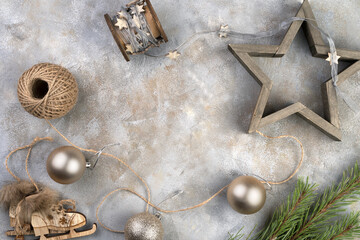 Merry Christmas and New year 2021, background with holiday toys, skates, star on a gray background. The concept of the new year 2021 and Christmas.