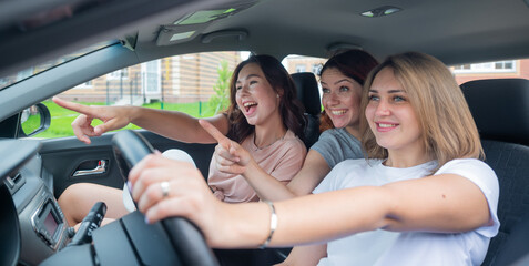 The amazed girlfriends travel in the car