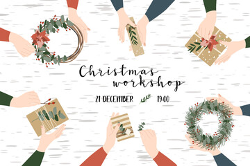 Women florists making christmas wreaths, holiday workshop. Eco decoration, flat lay. Presents in kraft paper. Rustic gift box. Xmas and New Year celebration preparation. Vector flat style