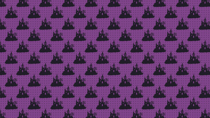 seamless Halloween black witch palace with small dot pattern on bright purple color background