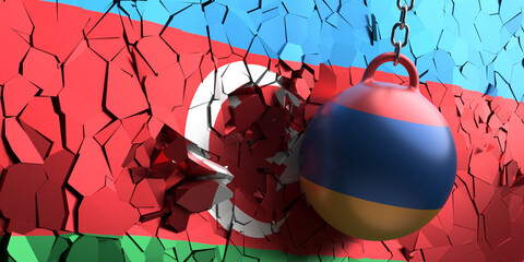 Armenian flag wrecking ball breaking azerbaijan flag wall. 3d illustration