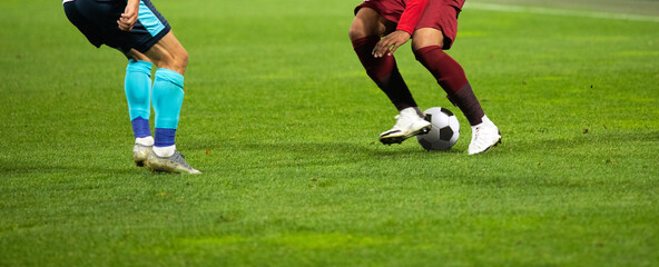 Obraz premium banner of soccer game players fighting for football