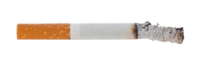 Lit cigarette isolated on white background close up