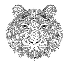 Tiger head coloring book illustration. Antistress coloring for adults. black and white lines. Print for t-shirts and coloring books.