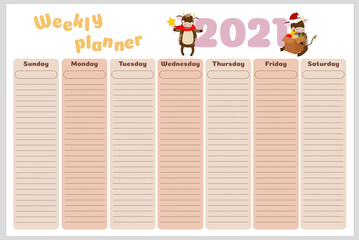 A weekly planner page for important things for 2021 featuring a bull. Stationery digital printing. Pastel shades. Vector image