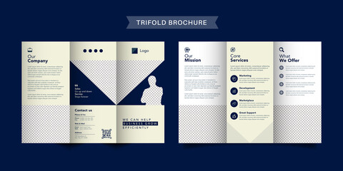 Corporate business trifold brochure template. Modern, Creative and Professional tri fold brochure vector design. Simple and minimalist promotion layout with navy blue color.