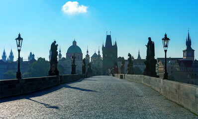 Obraz premium Prague old town and Charles bridge at sunrise, Czech Republic 