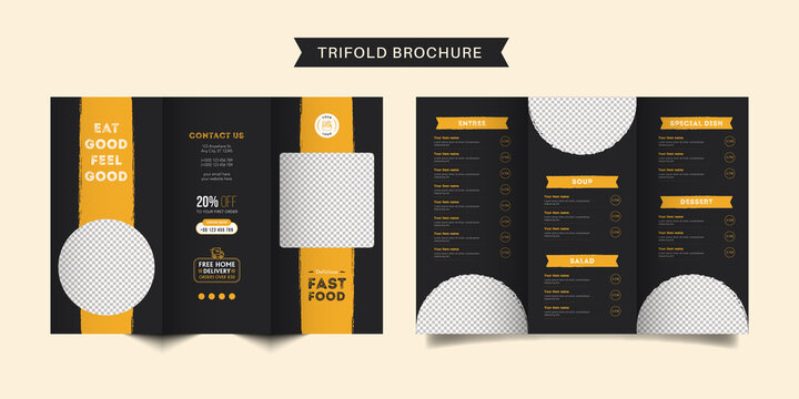Food trifold brochure menu template. fast food menu brochure for restaurant with black and yellow color