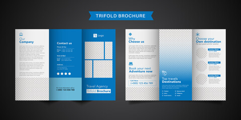 Travel business trifold brochure template. Modern, Creative and Professional tri fold brochure vector design. Simple and minimalist promotion layout with blue color.