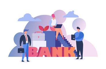 Bank people making money, finance and economy concept flat vector illustration. Banker businessman analysing financial money charts generated by big data. Banking, economy, investments.