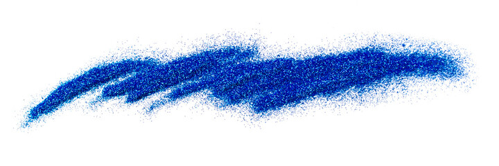 Beautiful textured trendy blue stroke isolated on white background. Bright shiny smear of glitter. Makeup. Cosmetic products. Sparkly eyeshadow. Template, banner. Color of year 2020. 