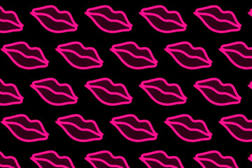 Fototapeta premium Bright set pink lips on black background isolated. Pattern kiss. Beautiful female lips glow with neon light. Cosmetics. Lipstick, pomade. Seductive backdrop. Mouth.
