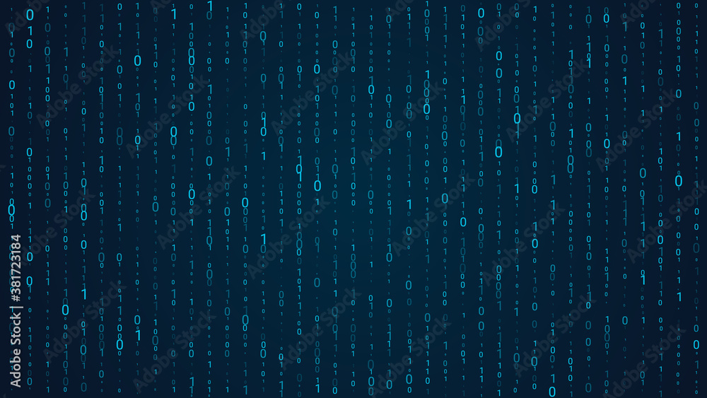Wall mural blue matrix background. falling binary numbers in retro futuristic style, abstract digital wallpaper
