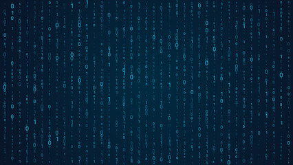 Blue matrix background. Falling binary numbers in retro futuristic style, abstract digital wallpaper for program code events, hackathon, cyber illustration.