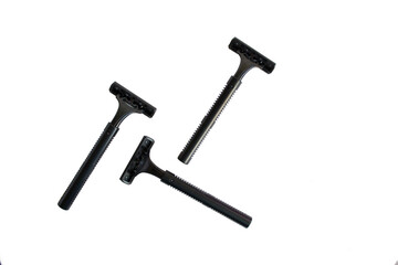 Set of disposable black razors isolated on white background