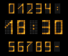 LED light numbers with neon glow effect. Golden digits with fluorescent shine for digital clock or timer design. Isolated on black background, vector illustration